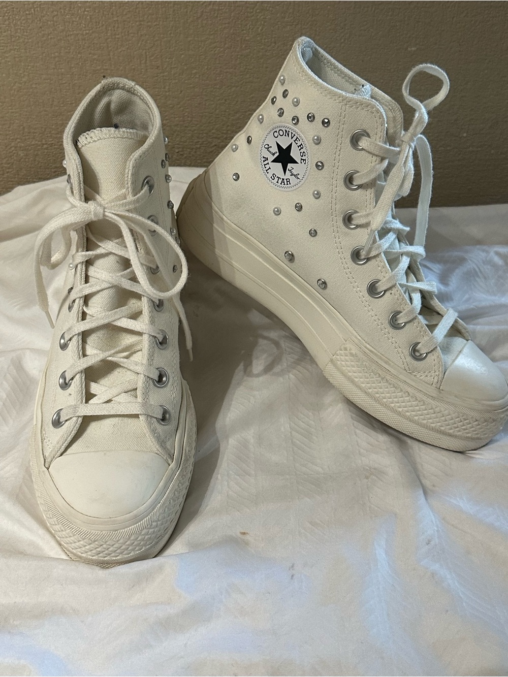 Converse All Star High Top Platform Pearl and Rhinestone Studded Sneakers
